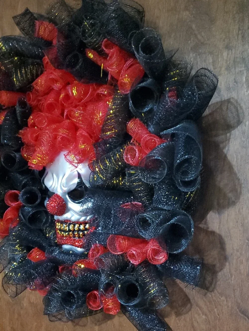 Red & Black Clown Holiday Wreath - Dramatic Halloween Door Accent